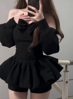 iqcq气球熊时尚辣妹套装秋季抹胸连衣裙女收腰一字肩黑色蓬蓬裙子