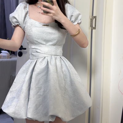 法式初恋蓝色提花方领连衣裙