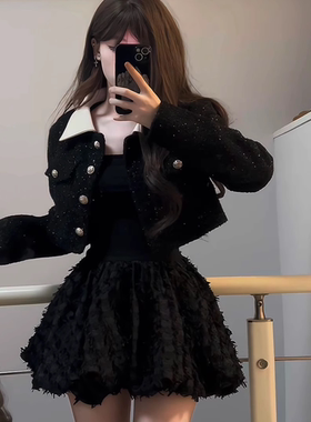iqcq气球熊千金高级感细闪小香风套装秋冬显瘦黑色外套掐腰小黑裙