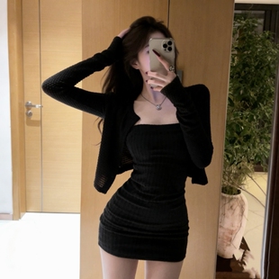 iqcq辣妹纯欲风修身显瘦抹胸包臀连衣裙气质黑色长袖开衫外套套装