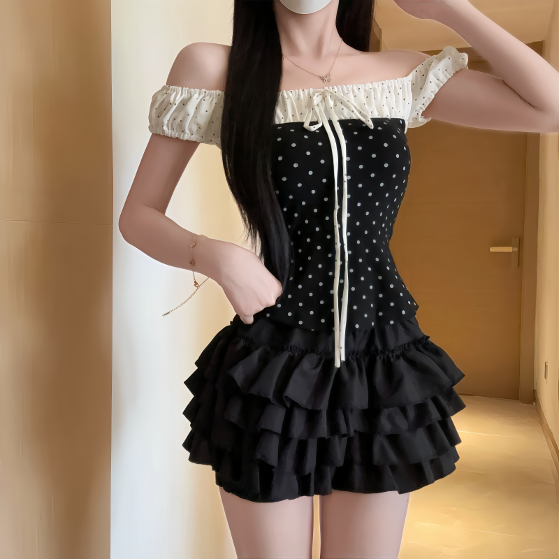 IQCQ韩系甜辣波点一字肩短袖绑带上衣黑色收腰蛋糕蓬蓬裙两件套装
