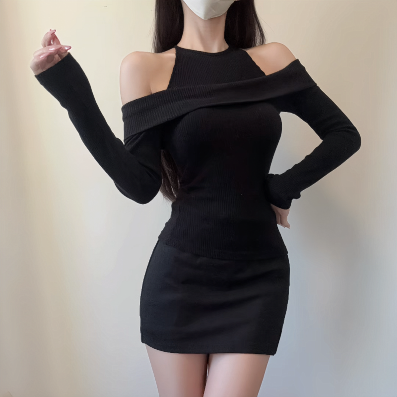 IQCQ辣妹韩系纯欲冬季黑色露肩长袖针织上衣显瘦收腰包臀短裙套装,女装/女士精品,时尚套装,淘宝优惠券,粉丝福利购,淘宝优惠卷