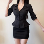 iqcq气球熊纯欲辣妹风时尚气质v领中袖衬衫早春显瘦包臀裙两件套