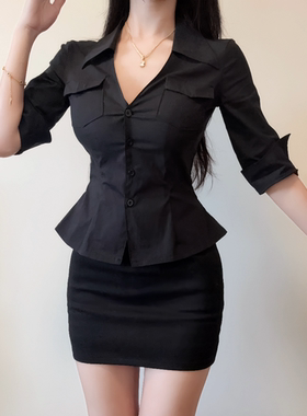 iqcq气球熊纯欲辣妹风时尚气质v领中袖衬衫早秋显瘦包臀裙两件套