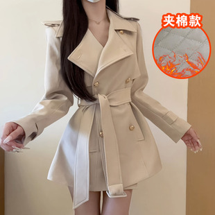 iqcq气球熊秋季女英伦千金风衣翻领双排扣收腰系带气质短款外套