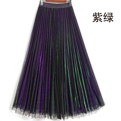 四季半身纱裙春夏女新款韩版高腰网纱百褶裙中长款a字幻彩半身裙