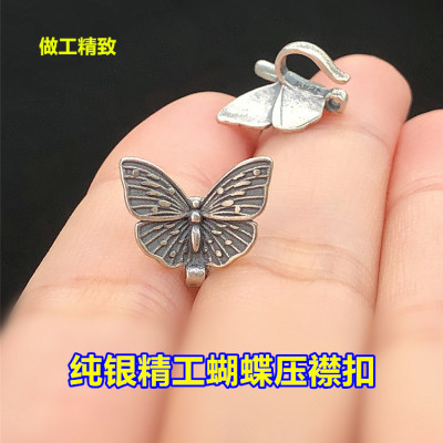 s925纯银复古精工蝴蝶压襟扣头旗袍水晶文玩编手绳串项链diy配件