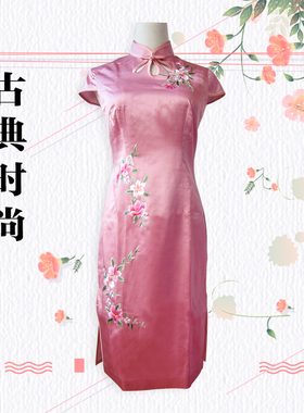 江南名绣坊旗袍苏绣手工刺绣花粉红色重镑真丝绸缎改良旗袍晚礼服