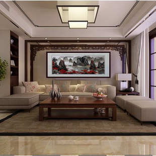 苏绣旭日东升聚宝盆漓江纯手工刺绣布片大型水墨山水风景画装饰画