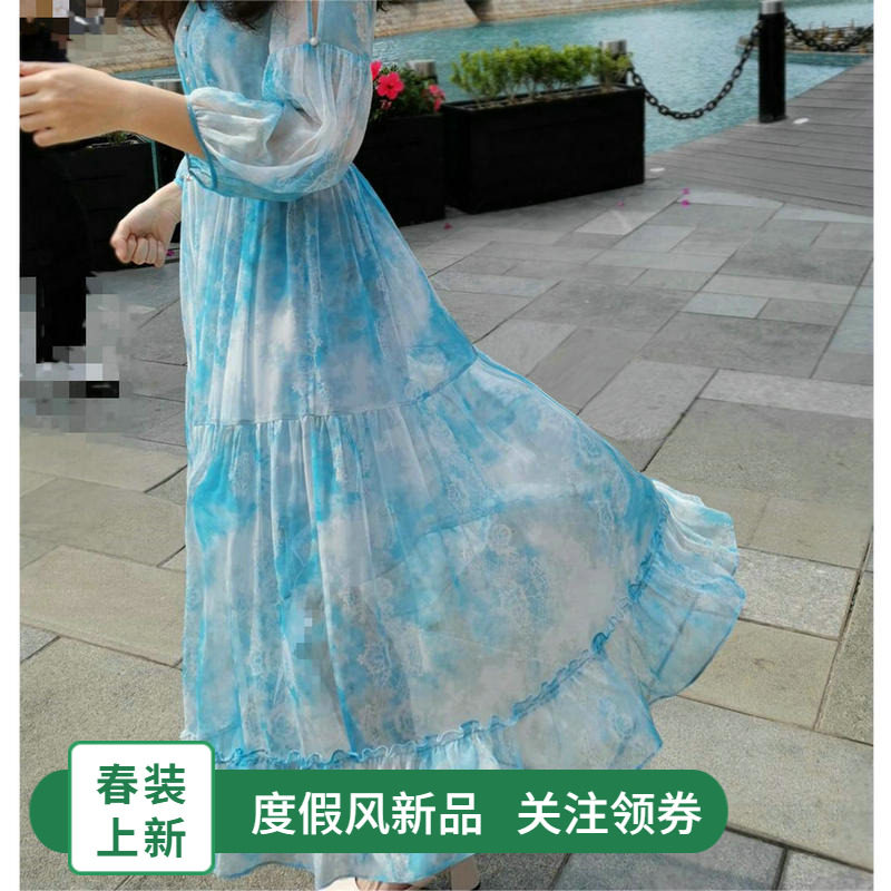 LaLunesse拉伦娜春夏女桑蚕丝连衣裙度假中袖乔琪真丝裙蓝色国风