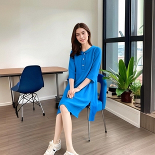 拉伦娜原创女夏睡裙中袖裙油麻短裙外穿翻领衫显瘦连衣裙长衫开叉