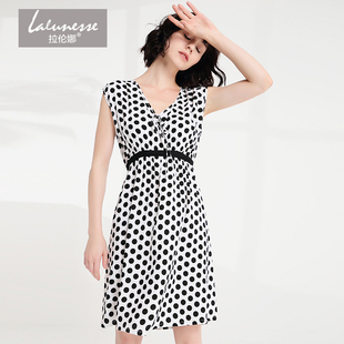 拉伦娜原创黑白波点女裙度假风短袖睡裙薄睡衣家居服收腰可外穿
