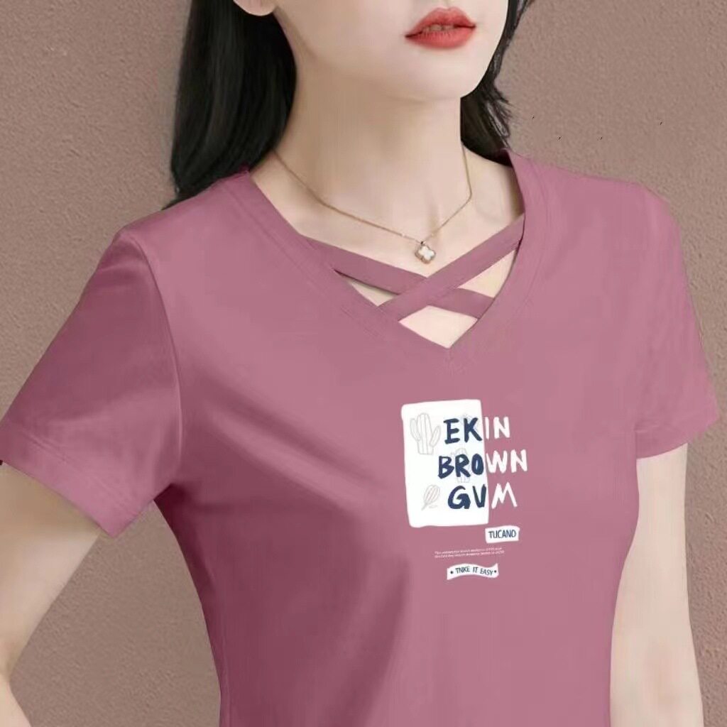 夏季短袖2024中年人宽松遮肚子运动新款V领交叉女士t恤纯棉上衣潮