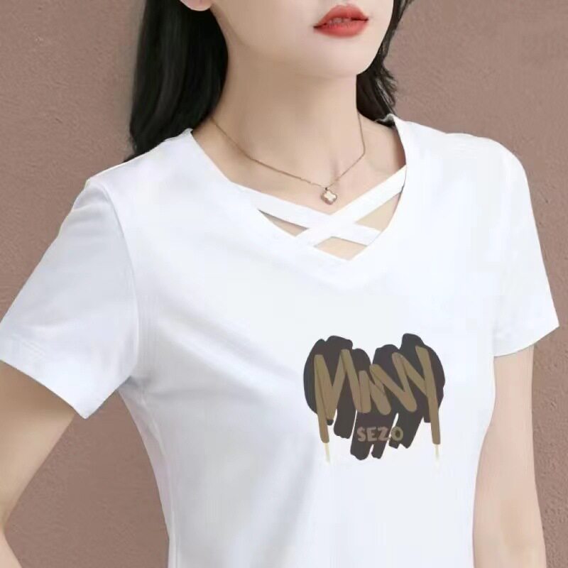 女士t恤纯棉短袖2024夏季新款V领交叉中年人宽松遮肚子运动上衣潮