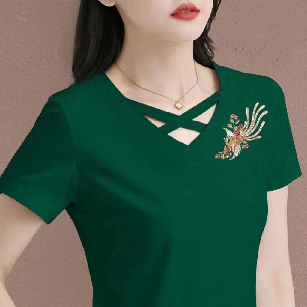 夏季新款V领交叉女士t恤纯棉短袖2024中年人宽松遮肚子运动上衣潮