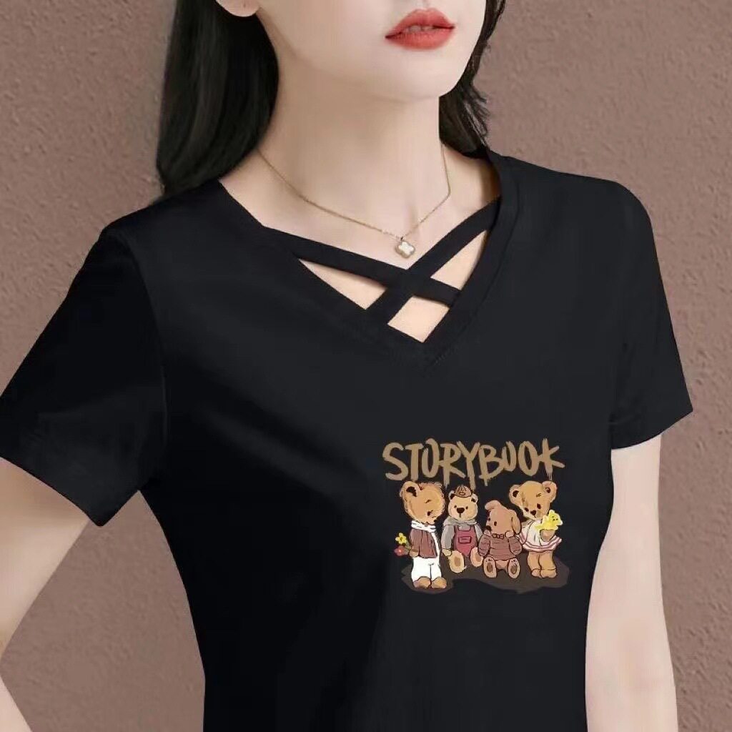 夏季纯棉短袖新款V领交叉女士t恤2024中年人宽松遮肚子运动上衣潮