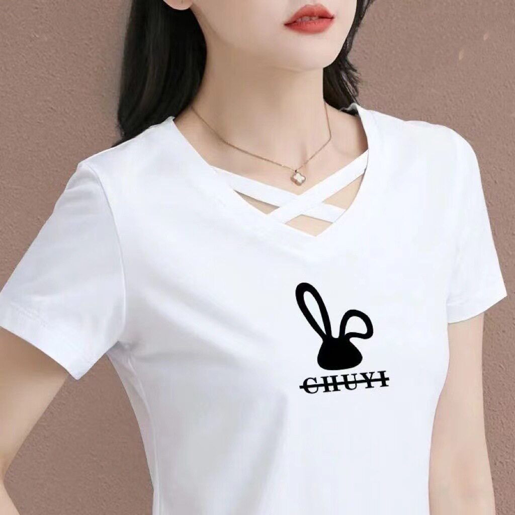 纯棉短袖2024中年人夏季新款V领交叉女士t恤宽松遮肚子运动上衣潮