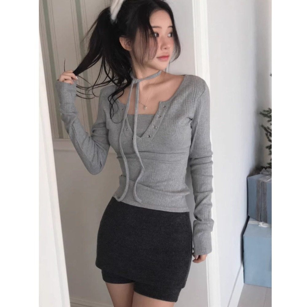 春秋新款系带长袖螺纹弹性t恤女修身显瘦内搭上衣洋气百搭打底衫,女装/女士精品,T恤,淘宝优惠券,粉丝福利购,淘宝优惠卷