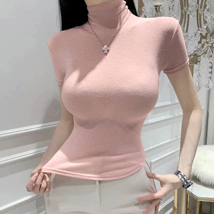 T恤女修身 粉色紧身性感显胸高领短袖 显瘦纯欲显身材百搭别致上衣