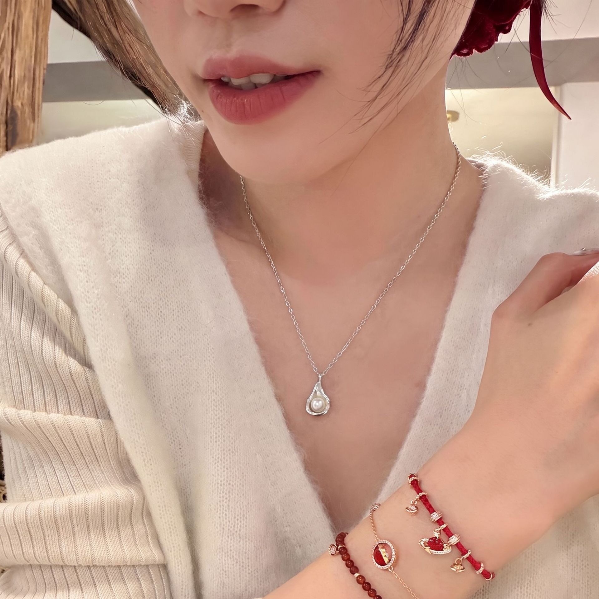 不规则水滴贝壳珍珠女士锁骨链