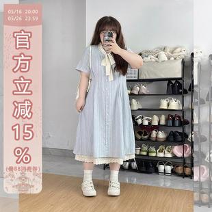 微胖蓝色减龄蕾丝蝴蝶结胖mm显瘦连衣裙 STUDIO辣条大码 女装