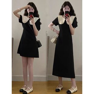 大码胖mm法式气质收腰娃娃领连衣裙女夏季撞色拼接别致小黑裙长裙