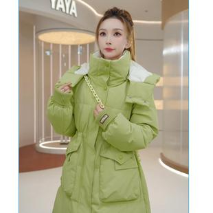 鸭鸭中长款收腰羽绒服女款2025新款时尚显瘦针织袖口连帽外套女冬