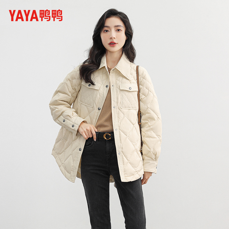 鸭鸭轻薄羽绒服中长款时尚衬衫领