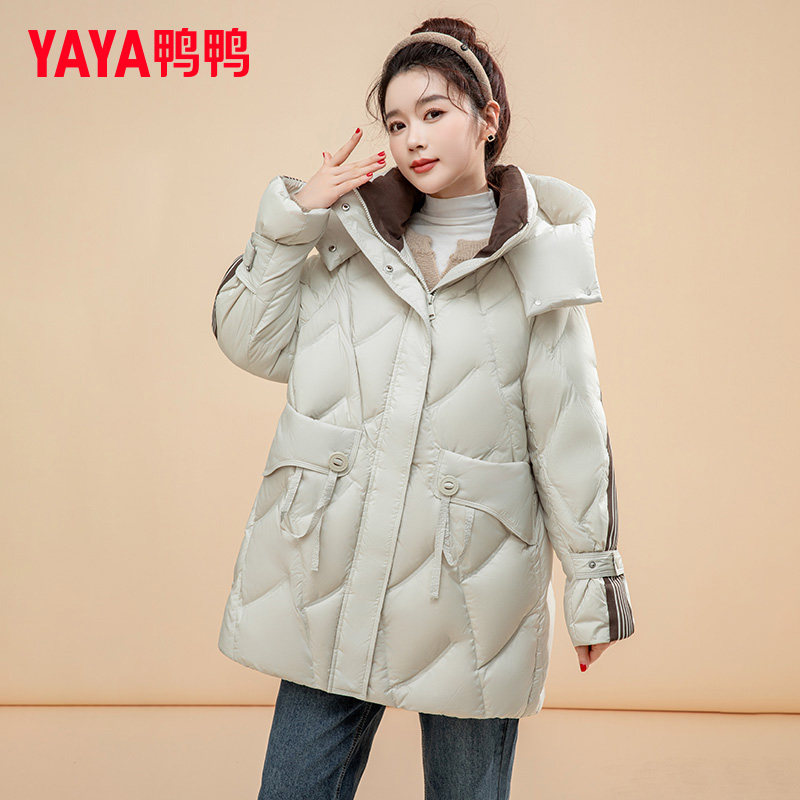 鸭鸭黑色羽绒服女士中长款2025冬季新款时尚韩版显瘦保暖鸭绒外套