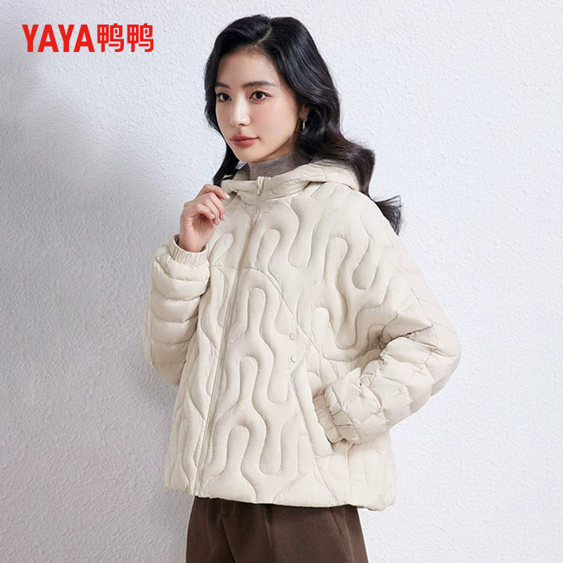 鸭鸭轻薄羽绒服女短款2026新款时尚韩版宽松波浪压线休闲连帽外套