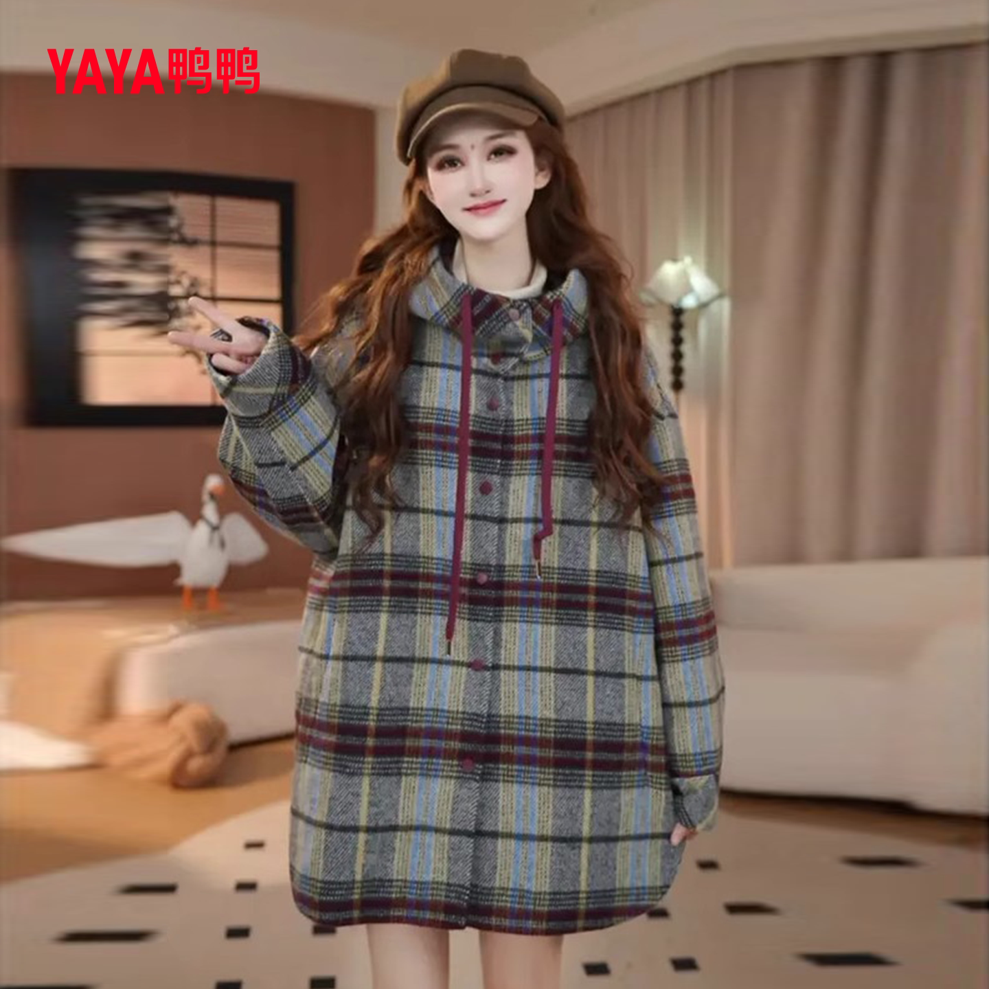 时尚复古格子连帽保暖毛呢羽绒服