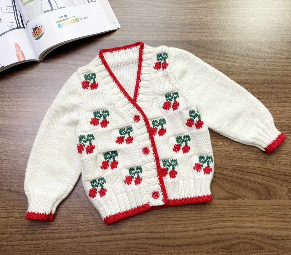 BRIGHT MOON HANDMADE CHERRY EMBROIDERY PLAID CARDIGAN LONG SLEEVE DIY WOOL HANDMADE MATERIALS SEND TUTORIAL VIDEOS