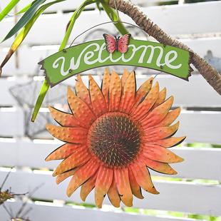 外貿歐式 飾太陽花歡迎牌花園掛件 田園風鐵藝WELCOME向日葵墻面裝