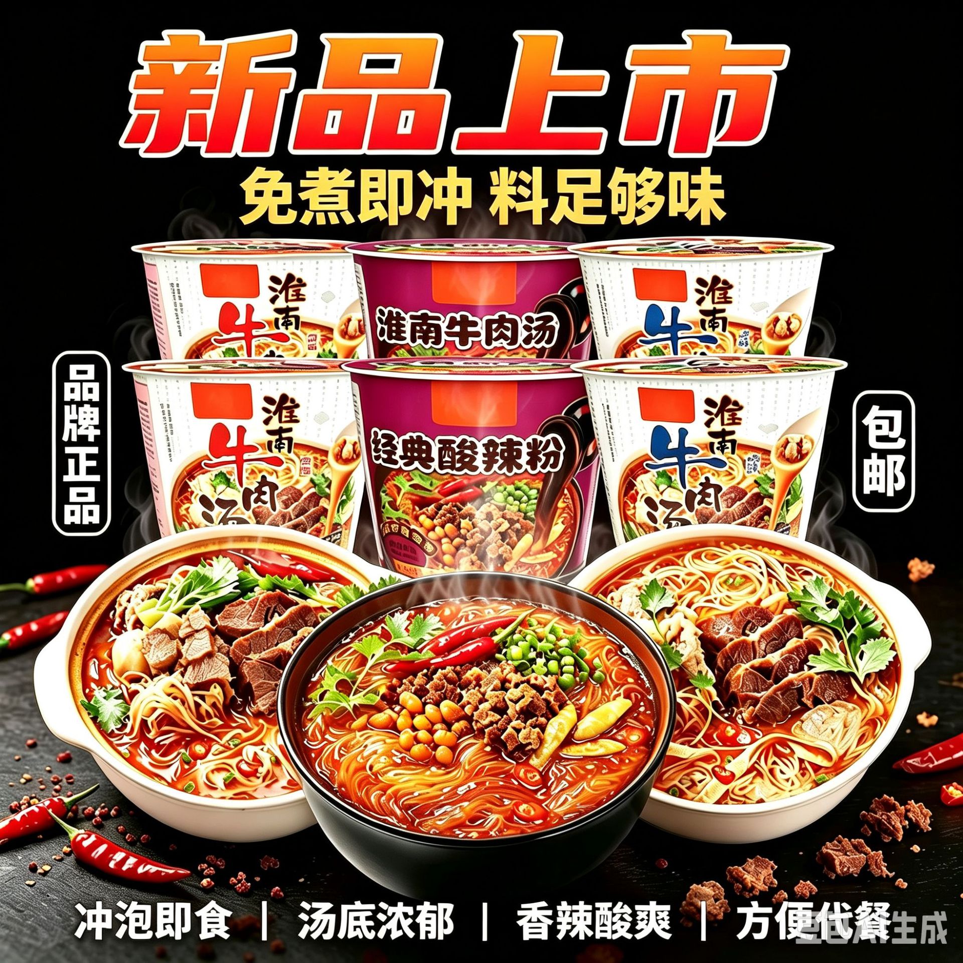 海福盛淮南牛肉汤粉丝特产经典酸辣粉免煮即冲大骨高汤劲道顺滑