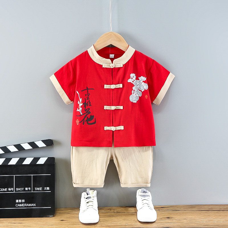 儿童曹县汉服十里桃花两件套夏装新款民族风小男孩棉麻演出服套装