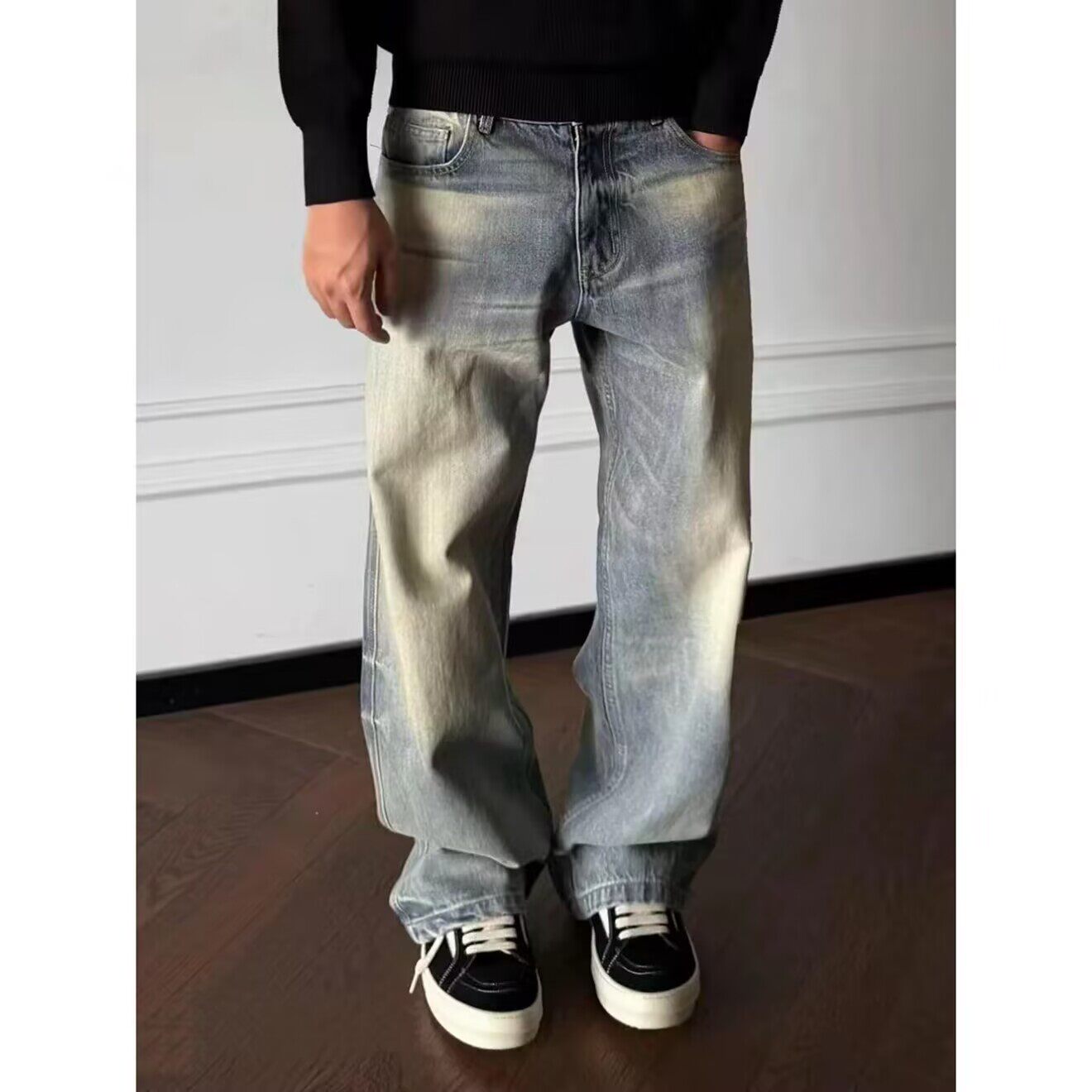 复古水洗猫须直筒牛仔裤男宽松阔腿长裤潮流做旧高级感百搭休闲裤