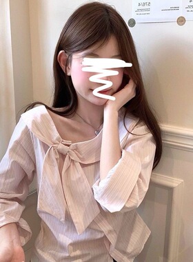 2025秋季新款不规则小众减龄上衣甜美蝴蝶结设计感长袖条纹衬衫女