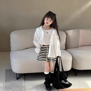 瑜瑜公主女童春夏新款韩版宽松衬衫儿童纯色连帽慵懒休闲防晒衬衣