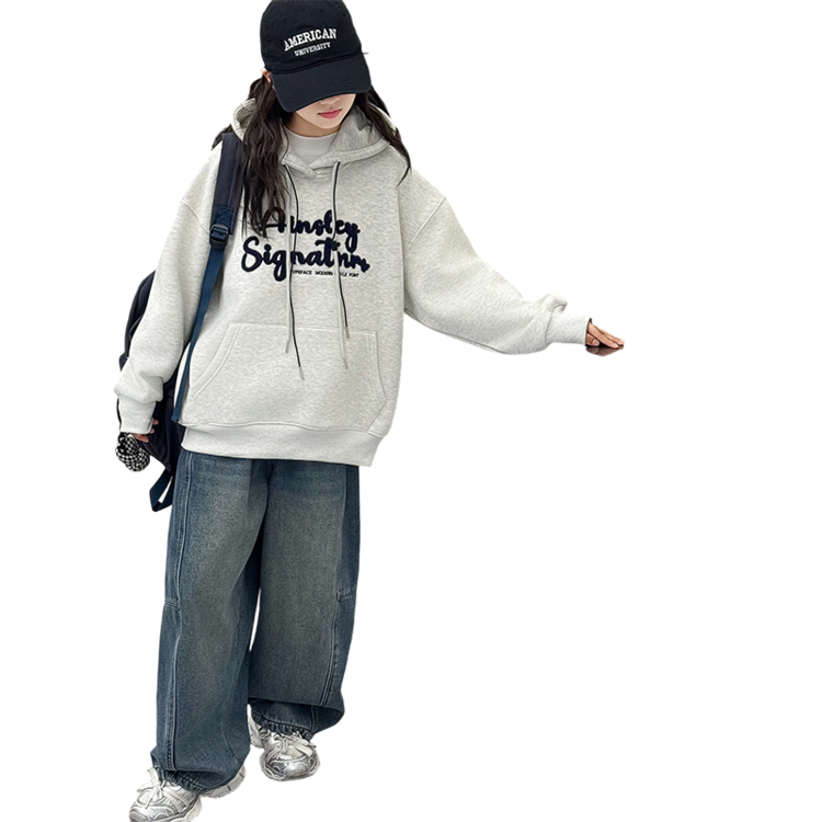 女童加绒卫衣冬装2025新款初中生加厚帽衫中大童一体绒冬季上