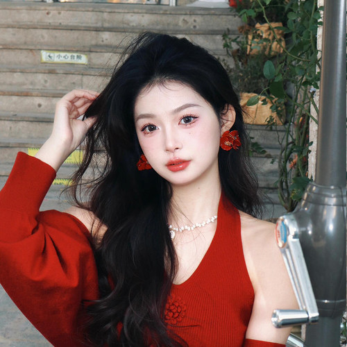 复古红色花朵耳环耳饰女