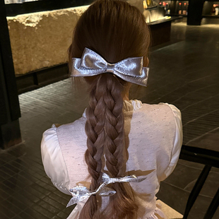韩系银灰色立体蝴蝶结发夹甜美少女弹簧夹双马尾发饰头饰边夹侧边