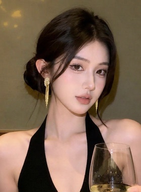 千金公主风金色长款麦穗锆石流苏耳环女轻奢高级感耳钉晚礼服耳饰