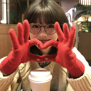 新年红色针织毛线五指手套女冬季加厚骑行保暖防风防寒手套圣诞节