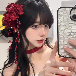 新中式酒红色铃兰花朵流苏发夹女超仙仿真头花头饰氛围感新娘头饰