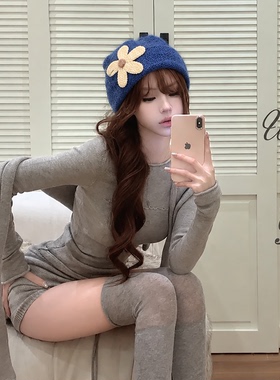 立体花朵蓝色针织帽女秋冬韩系甜美显脸小保暖护耳毛线帽子包头帽