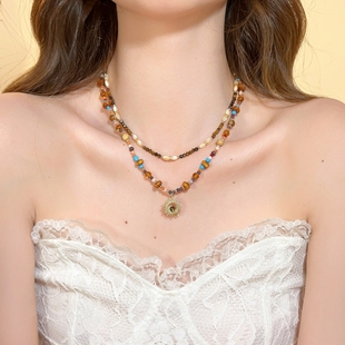 波西米亚叠戴串珠项链小众复古锁骨链吊坠美拉德毛衣链配饰民族风