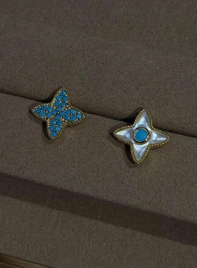 法式复古蓝色四芒星耳饰女