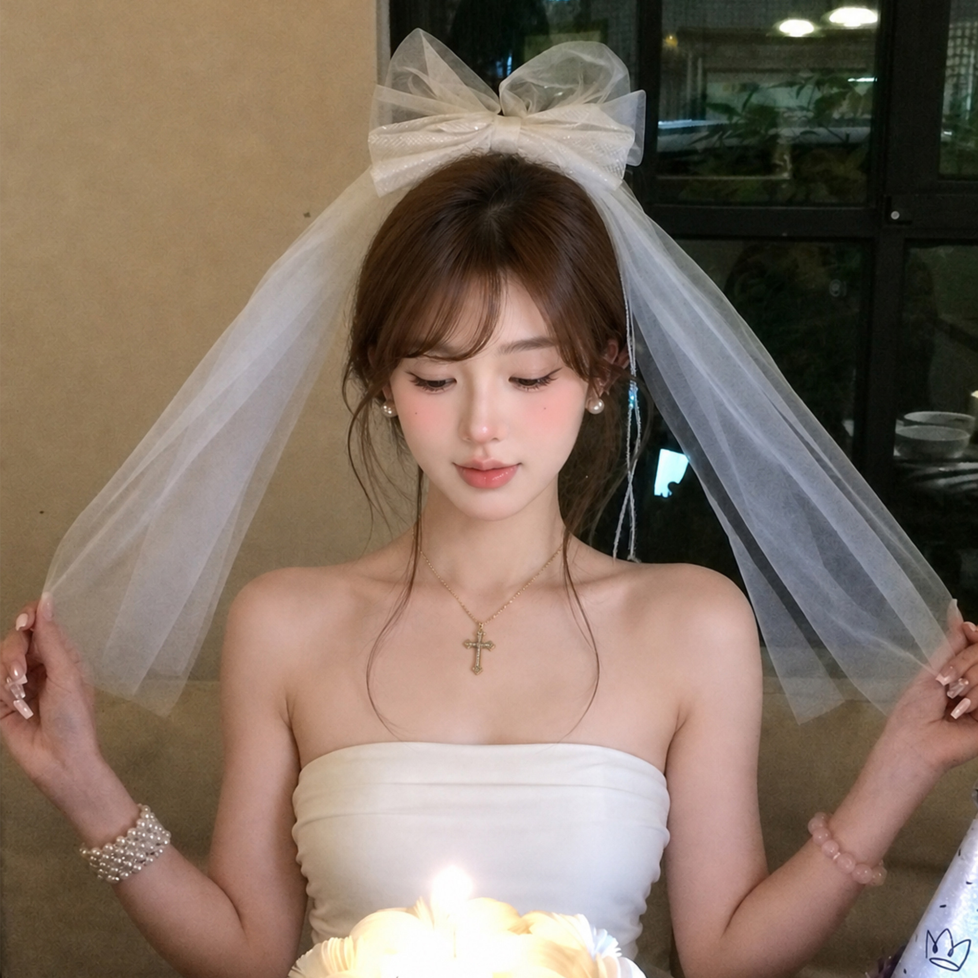 米白色头纱蓬蓬纱蝴蝶结发夹生日皇冠拍照道具发饰订结婚新娘头饰图片