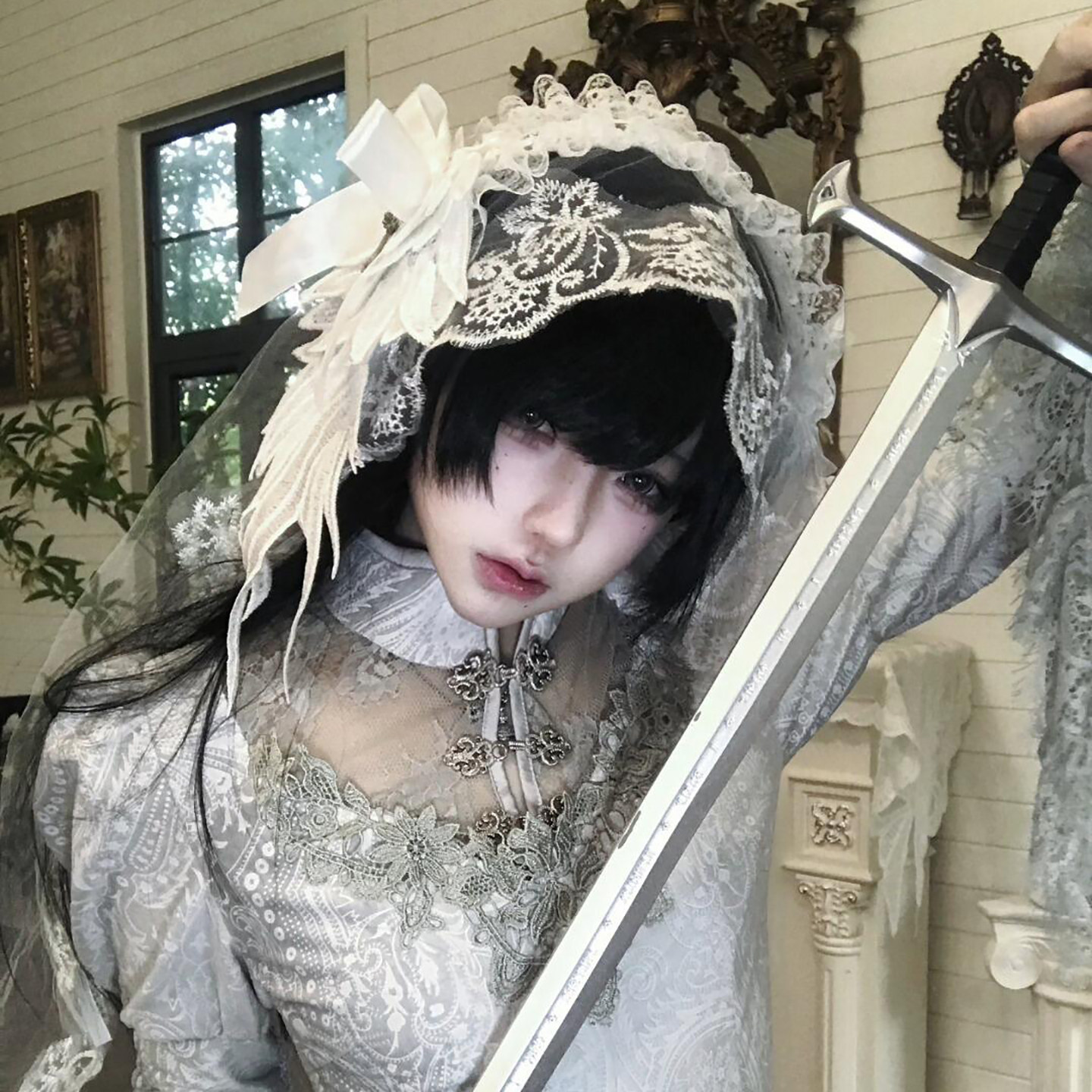 Lolita白色哥特头饰翅膀蕾丝发带万圣节头纱复古发饰拍照羽毛道具