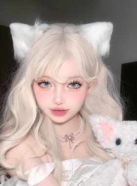 白色毛绒猫耳朵头饰发夹女cos装扮立体兽耳发卡KC可爱lolita发饰
